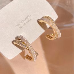 New Popular Design 14K Gold Plated Crossed C Shape Pearl Earrings for Women Girl Jewellery S925 Silver Needle AAA Zircon Stud Gift