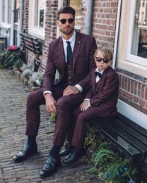 Suits Burgundy Wedding Suit For Men 2022 And Children Formal Suit Custom Farther Son Tuxedo Slim Fit 3 Pieces New(Jacket+Pants+Vest)