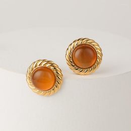 Stud Earrings 2023 Fashion Women Vintage Warm Colour Orange Gem Mental Round Earring Elegant Party Copper Jewerly