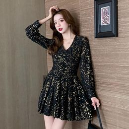 Casual Dresses Elegant Party Dress Black Metallic Sequin V-neck Long Sleeve A-line Nightclub Ruffled Leather Vest Top