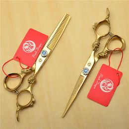 Tools 2Pcs 6.0'' Golden 440C Professional Human Hair Hairdressing Scissors Cutting Shears + Thinning Scissors Big Dragon Handle Z9004