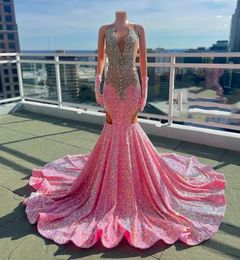 Pink Crystal Sexy Prom Dresses Glitter Velour Sequins Mermaid Black Girls Evening Gowns Trumpet Maxi Y2K Formal Homecoming