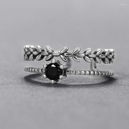 Cluster Rings Huitan Antique Silver Colour Vintage Adjustable For Women Branch Black Stone Double Layer Opening Fancy Girls Jewellery