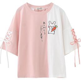 T-Shirt Himifashion Rabbit Kawaii T Shirt Women 2023 Summer Cute Bunny Green Tops Girls Lolita Bow Short Sleeve Lace Up Tee Shirts