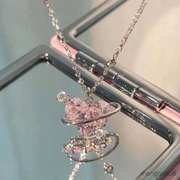 Pendant Necklaces Fashion Pink Planet Heart Zircon Necklace Women Charm Aesthetic Chain Valentines Day Gift Party Jewellery
