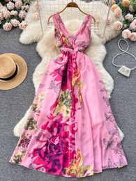 Casual Dresses Vacation Fashion Romantic Print Chiffon Long Summer Dress High Waist Sleeveless Beach Robe Women's P230530