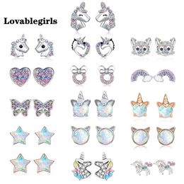 Hot 2022 Cute Unicorn Stud Earrings for Little Girl Kids Crystal Cat Butterfly Rainbow Heart Star Earring Christmas Gift Jewelry