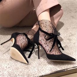 Sexy Mesh Women Pumps Black Pointed Toe High Heels Hollow Out Summer Boots Ladies Lace-up Dress Shoes Gladiator Sandals Stiletto