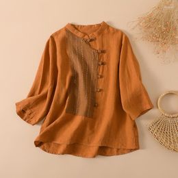 Women's Blouses Vintage Ethnic Style Patchwork Loose Cotton Linen Shirt For Women Simple Three Quarter Sleeve Ladies Tops Clothes Retro