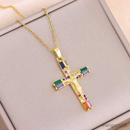 Pendant Necklaces New Retro Colourful Zircon Crystal Jesus Cross For Women Style Female Neck Chain Jewellery