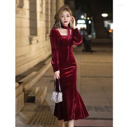 Casual Dresses Female Red Christmas Party Dress Long Mermaid Skirt Spring And Autumn Velvet