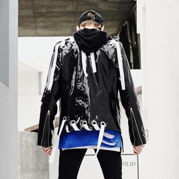 Men's Jackets Shiny And Reflective Synthetic Leather Jacket Men's Zipper Luxury Clothing Cool Loose Black Short Style Pediatrics