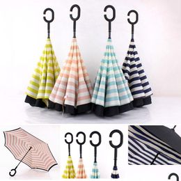Umbrellas Creative Double Layer Pongee Stripe Reverse Umbrella Straight Long Handle Ctype Sun Protection Portable Dh0882 Drop Delive Dh6Jt