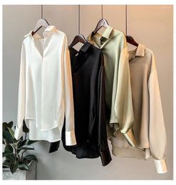 Women's Blouses Womens Satin Shirt 2023 Summer Silk Vintage Long Sleeve Blouse Fashion Solid Colour Lady Elegant Sheer Top Ladies Streetwear