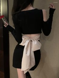 Casual Dresses Bow Tie Design Off Shoulder Black Sexy Short Dress Above Knee Evening Party Korean Fashion Women Full Sleeve Clothes