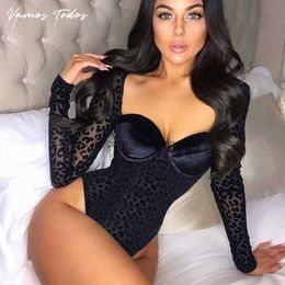 Women's Jumpsuits Rompers Leopard Long Sleeve Bodysuit Bodycon Women's Sexy Bodysuit Mesh Overalls for Women 2021 See-though Look Club Party Women Top T230531