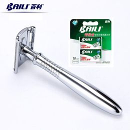 Blade BAILI Long Handle TShape Double Edge DE Blade Safety Razor Chrome Shaver Handle Beard Hair Shaving with 15 Blade 1 Case BD191