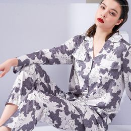 Women's Sleepwear Women's Spring Long Sleeve Cute Pyjamas Viscose Printing Womens Luxury Sexy Clothes Satin Home Sleep Set