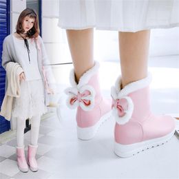 Boots YQBTDL Fashion 2023 Winter Lolita Woman's Stylish Plush Warm Snow Ankle Bowtie Lined Anti-skid Outside Slip-on Pink Shoes