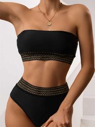 2023 New Solid Black High Waist Bikini Set Pipe Top Two Piece Women's Swimwear P230530