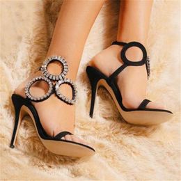 2023 New Black Women Sandals Crystal Circle Decor 10CM High Heels Summer Dress Pumps Designer Gladiator Sandalias Femmes