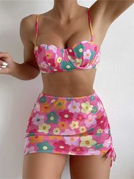 Women's Push Up 2023 New 3 Piece Printed Flower Bikini Set with Ski Beach Swimwear Summer XL P230530