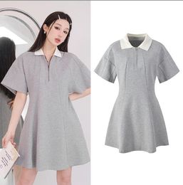 518 XXL 2023 Runway Dress Lapel Neck Short Sleeve Grey Dress Empire Brand Same Style Dress Flora Print High Quality Womens Clothes yl