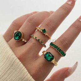 Band Rings 1Sets Green Crystal Rings Set for Women Gold Plated Vintage Aesthetic Geometric Luxury Lady Jewellery Gifts 2023 Fashion New Rings J230531