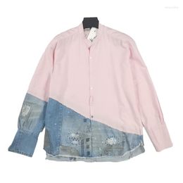 Men's Casual Shirts Pink Patchwork Denim Shirt Mens Streetwear Frayed Distressed Loose Coat Fashion Hip Hop