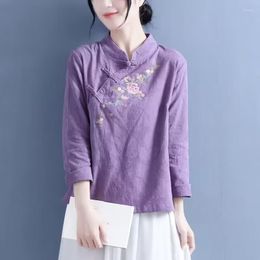 Women's Blouses 2023 Chinese Style Embroidered Long Sleeve Shirt Women Cotton Linen Stand Collar Clothing Vintage Casual Shirts Hanfu Tops