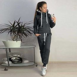 Tracksuits Fashion Sweatshirt Women's 2-piece Casual Solid Hoodie Long Sleeve Top+Pants Sports Winter Running Set P230531