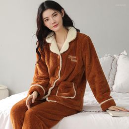 Women's Sleepwear Home Clothes Casual Velvet Coral Wool Loungewear Flannel Pyjamas Long Sleeves Shirt Pant Lapel Nightwear Sleep Suit