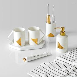 Bath Accessory Set Nordic Style Ceramic Mouthwash Cup Toothbrush Holder Soap Dispenser Storage Tray Luxury Bathroom Accessories White Gold