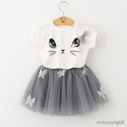 Clothing Sets Kids Girls 2Pcs Summer Cute Cat T-Shirts Skirts Baby Short Sleeve Printed Girl Clothes Outfits