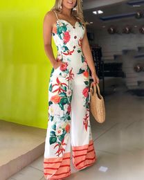 Women's Jumpsuits Spaghetti Strap Floral Print Jumpsuit Wide Leg Pockets Romper Sexy V-neck Buttons Design Summer Beach