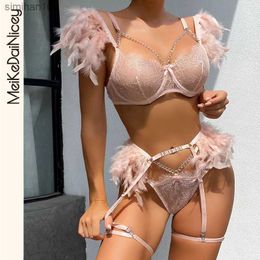Briefs Panties MeiKeDaiNicey Feather Sensual Lingerie Sexy Transparent Lace Bra with Chain Exotic Sets Porn 3 Piece Set Garters Erotic Costumes L230518