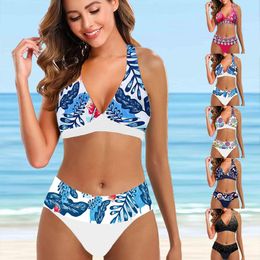 Swimwear Women Beachwear Ladies Leaves Pattern Vest Tankini Swimwear Bathing Suit Two Pieces Bikini Set Swimsuits Beach Beachwear S6xl