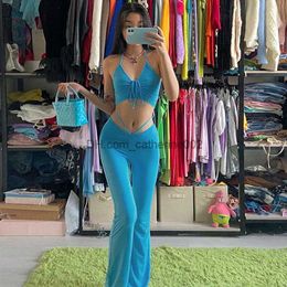 Women's Two Piece Pants Vamos Todos 21S Hot Solid Crop Tank Shirring Neck Sling Two Pieces Sets Women Pants Outfit Sexy Tracksuits Casual Girls Leggings T230531