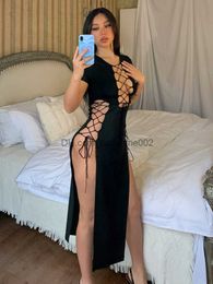 Party Dresses Hollow Out Sexy Dress For Women Lace Up Vestidos De Mujer Short Sleeves Mid Calf Black Long Dress High Waist One Piece Outfits T230531