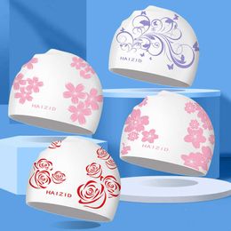caps New Fashion Printed Women's Soft Silicone Waterproof Large Ear Protection Long Hair Swimming Hat P230531