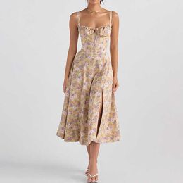 Vestido Alça Espaguete para Mulher 2023 Nova Moda Casual Vestido de Verão Floral Elegante Vestido Y2K Fino com Renda nas Costas