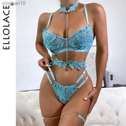 Briefs Panties Ellolace Fancy Lingerie Applique Women's Underwear Beautiful Exotic Sets 4-Pieces Lace Intimate Set For Couple With Chain L230518