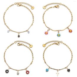 Link Bracelets Eco-friendly 304 Stainless Steel 14K Gold Plated With Enamel Charms Lobster Claw Clasp Extender Chain 17cm Long 1PC