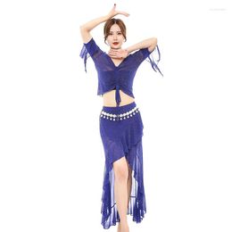 Stage Wear Women Belly Dance Costumes Korean Silver Mesh Net Yarn Irregular Skirt Oriental Bellydance 2-piece Suit Dancewear