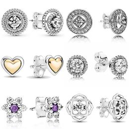 925 Sterling Silverörhängen Glittering Double -Light Golden Heart Boltörhängen Lämplig för Pandora DIY Kvinnliga modesmycken Gratis leverans