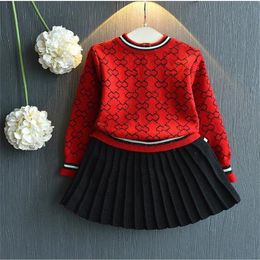 New Spring and Autumn Baby Girl Kids Clothing Allmatch Knitted Sweater Top and Pleated Skirt Suit