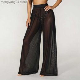 Women's Pants Capris Women See Through Boho Wide Leg High Waist Trousers Beach Long Loose Mesh Sheer Pants Hot T230531