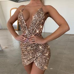 Casual Dresses Women Deep V Backless Fashion Sparkly Short Sequin Sexy Mini Slip Christmas Party Prom Summer Female Clothes