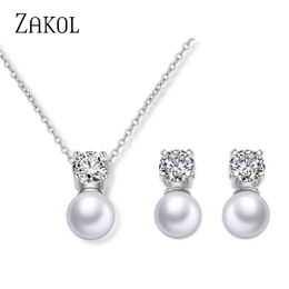 ZAKOL Trendy Round Simulated Pearl Stud Earrings Necklace Set for Women Simple Sliver Colour Cubic Zircon Bridal Party Jewellery