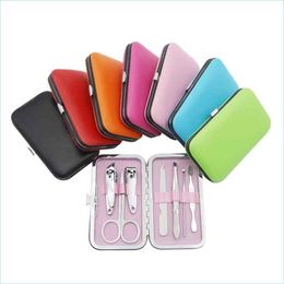 Other Home Garden 7 Colors Nail Clippers Piece Set Manicure Nursing Tool Scissors Tweezer Pu Leather Package Drop Delivery Dh7Ao